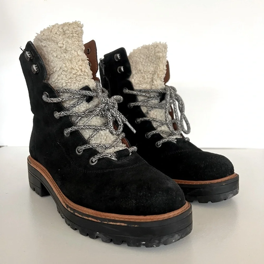 Marc Fisher LTD Lizzie Suede Faux Shearling Lace up Mid Rise Winter Boots, 6.5